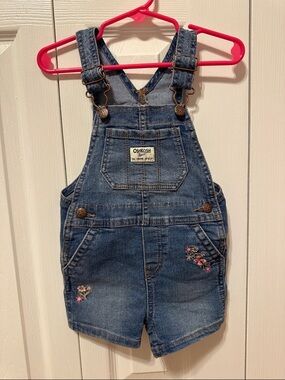 OshKosh B'gosh Blue Denim Short Overalls with Pink Floral Accents